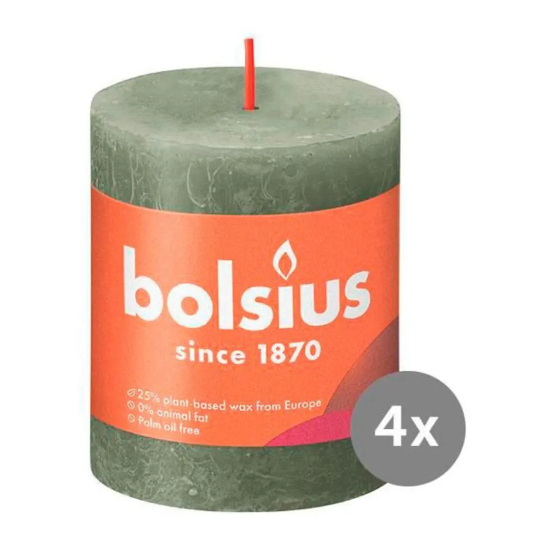 Bolsius 4er Pack Stumpenkerze 80/68 Rustik Shine olivengrün 70
