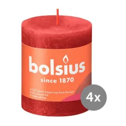 Bolsius 4er Pack Stumpenkerze 80/68 Rustik Shine zartes rot 41