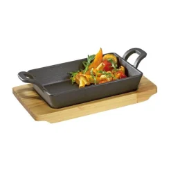 Grillen|Spanischer Sommerurlaub<Küchenprofi Servierpfanne eckig Gusseisen mit Holzbrett 21,5x12,5x6cm